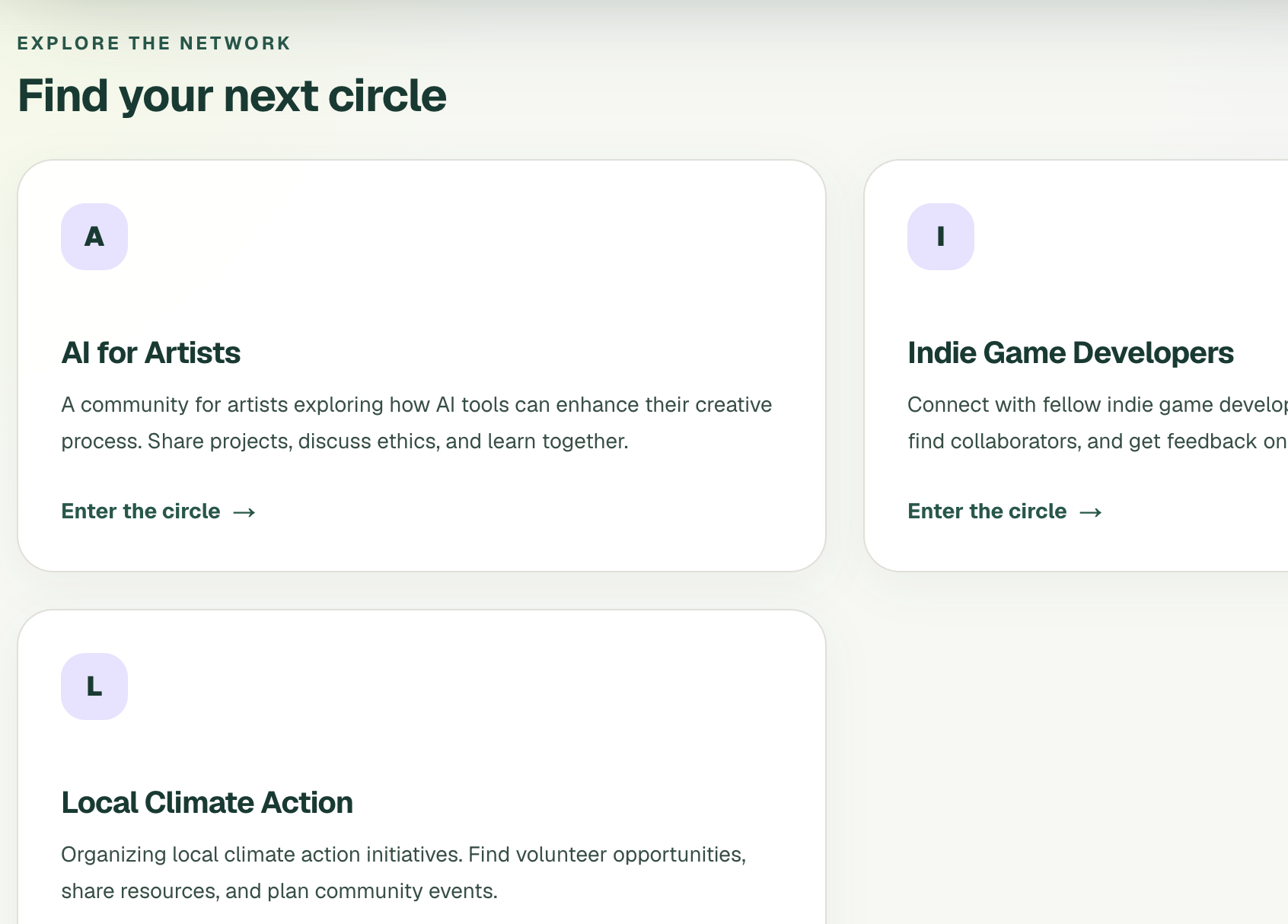 Community Hub landing page showing interest-based communities like AI for Artists, Indie Game Developers, and Local Climate Action